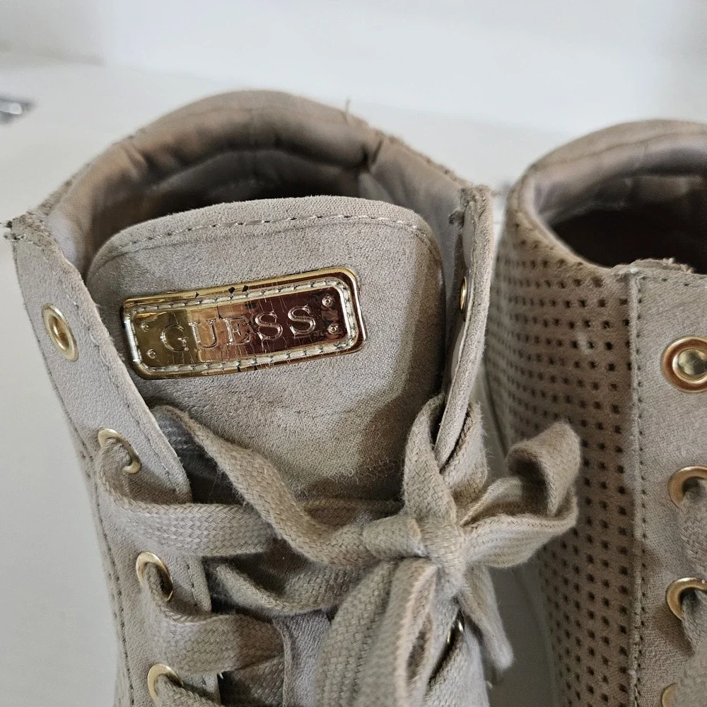 GUESS Women's High-Top Hidden Wedge Sneakers - Taupe Suede - Size 7.5M (Style...
